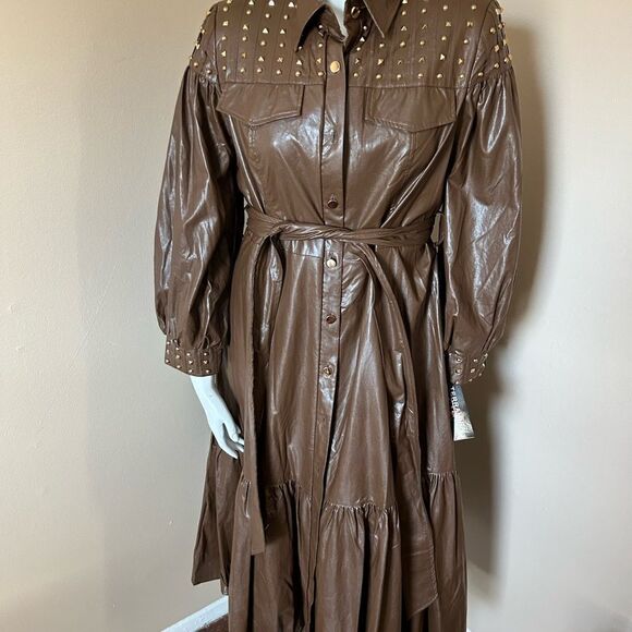 boutique Dresses & Skirts - NWT Faux Leather Brown Studded Dress -Size 14